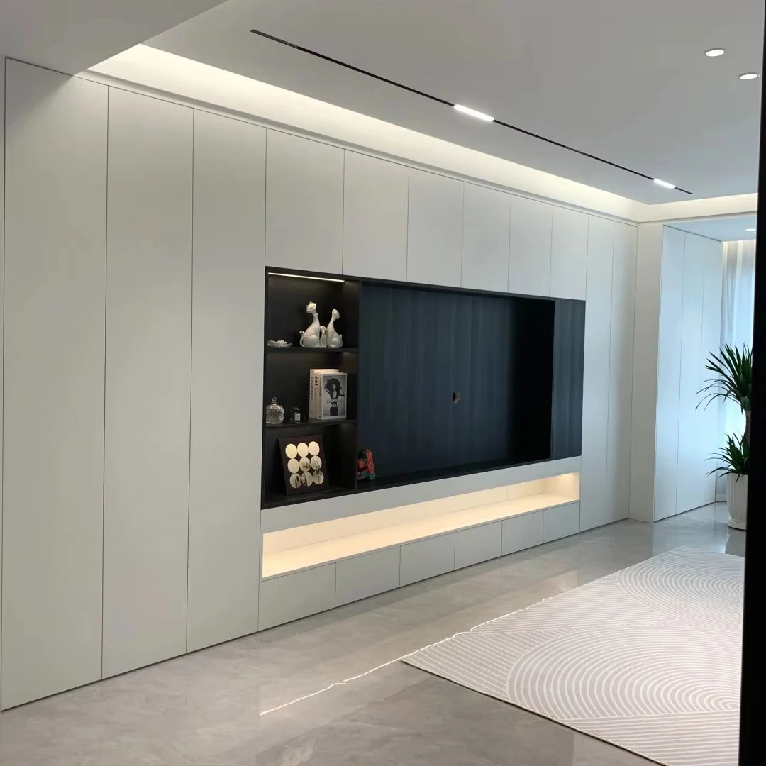 European Modern Luxury TV Cabinet For Home Wall-Mounted MDF With Glass Wooden Living Room Storage TV Stand For Bedroom