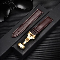 Premium Leather Watch Band with Stainless Steel Butterfly Clasp - Black & Brown Wristband Belt - 22mm (Brown - Gold)