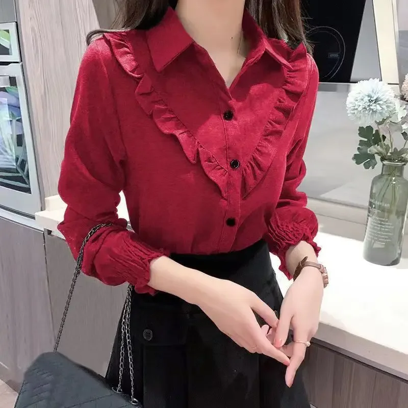 Female Korean Simplicity Ruffles Spliced Button Shirt Casual All-match Solid Color Long Sleeve Blouse Fashion Women's Clothing