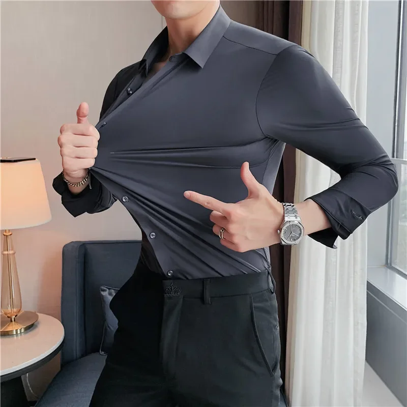 Non Ironing and Seamless Elastic Silk Men's Shirt with Long Sleeves, New Business and Professional Work Clothes, Work Shirt high quality summer security uniform men manager professional light blue airline captain uniform pilot short sleeves shirts