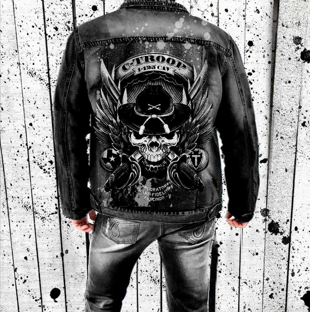 

Men Denim Jacket Retro Black Skulls Print Designer Ripped Cotton Coats Streetwear Hip Hop Chaqueta Black Jeans Jacket 2023