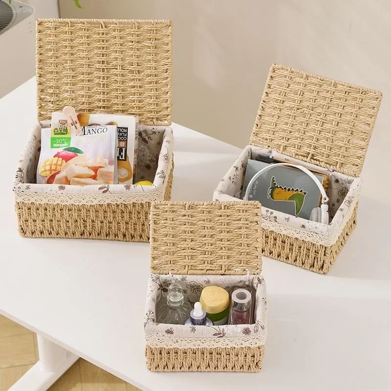 

Mifuny Handwovens Storage Basket Pastoral Style Household Woven with Covers Tabletop Debris Cosmetics Entrance Key Storage Boxes