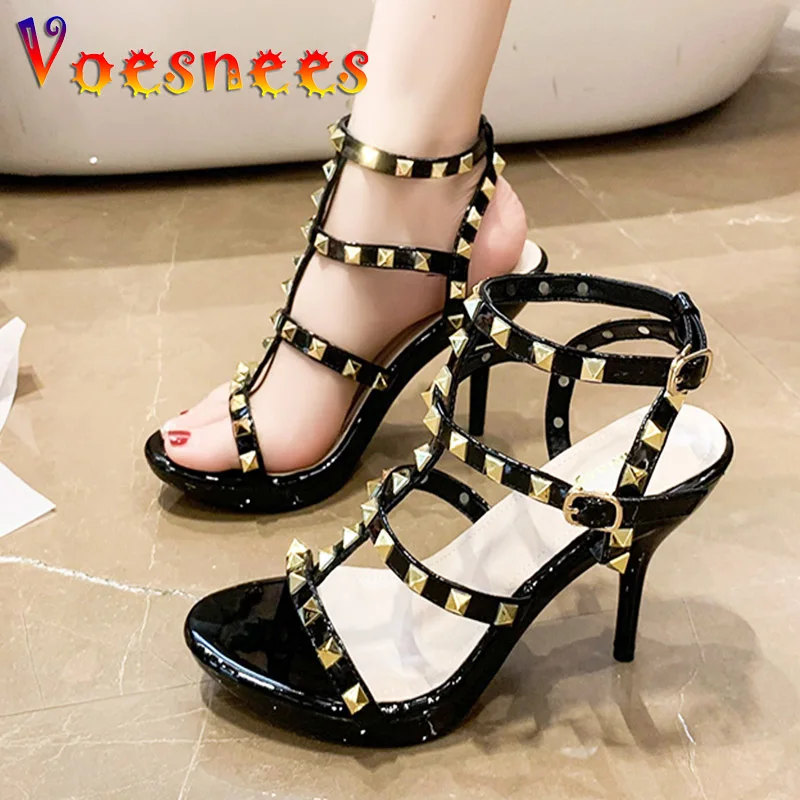 

Summer Narrow-band Women Shoes Roman Style 10CM Party Pumps Retro Sexy Model Show High Heels Metal Rivets Everyday Walk Sandals