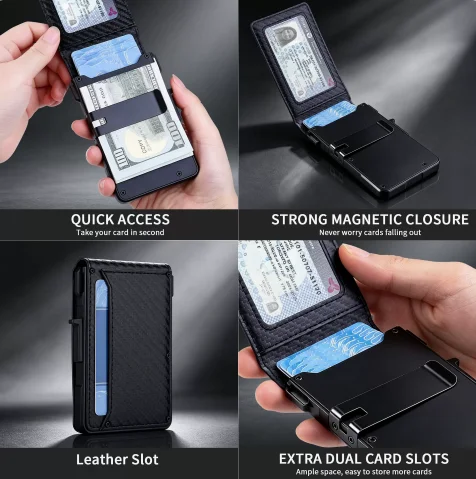 Men's RFID Blocking Slim Leather Wallet with Pop-Up Magnetic Closure and Money Clip