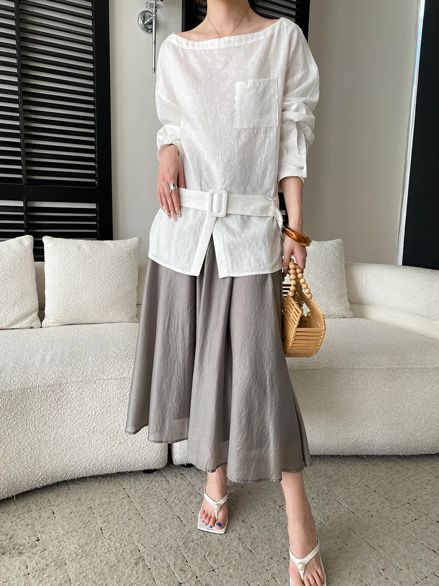 Frühlings- und Sommerbluse für Damen, einfarbig, mit Taillengürtel, langärmlig, im Commuter-Stil. – Detail 5