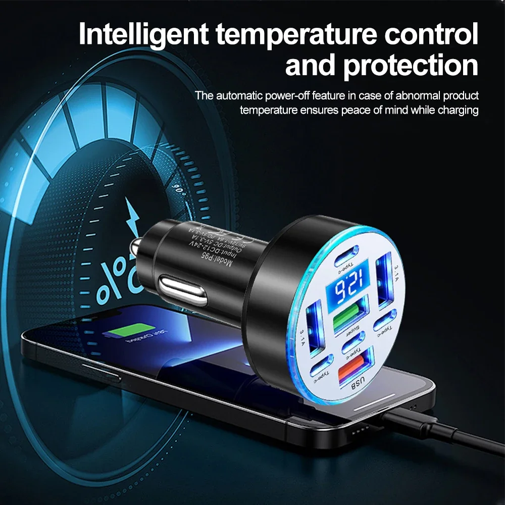 Kebidumei 66W 차량용 충전기 QC3.1 고속 충전 8 포트 자동차 시가 라이터 플러그 차량용 충전기 디지털 디스플레이가 있는 플래시 충전