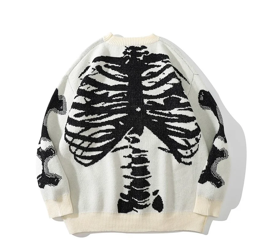 Men Loose Sweaters Black Skeleton Bone Print Pullovers Women Vintage Retro Knitted Sweater Autumn Cotton Pullover Unisex 3XL 2