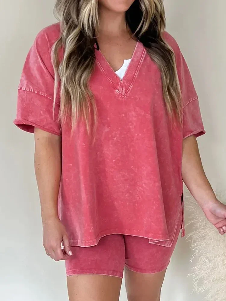 Women's Short Sleeve V-Neck Pullover Top and Shorts Matching Set, Loungewear, Summer Solid Sportswear, Ladies Outfit, Streetwear