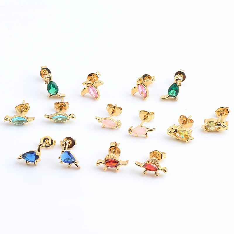 18KGoldPlatedRainbowStudEarringsColoredZirconDinosaurEarBone