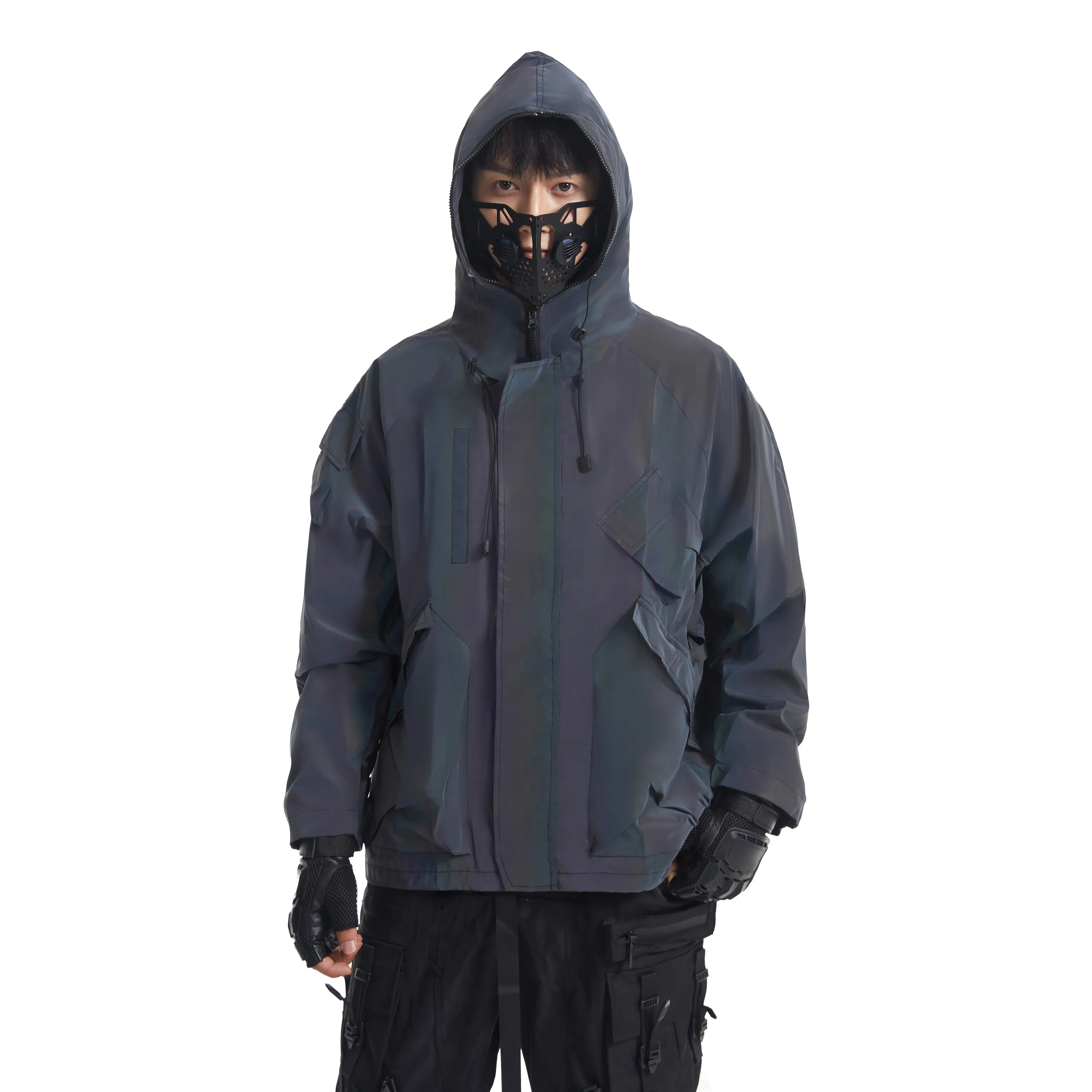 Multi-pockets Tactical Techwear Colorful Reflective Jacket Men Outdoor Casual Hip Hop Punk Functional Reflective Windbreaker