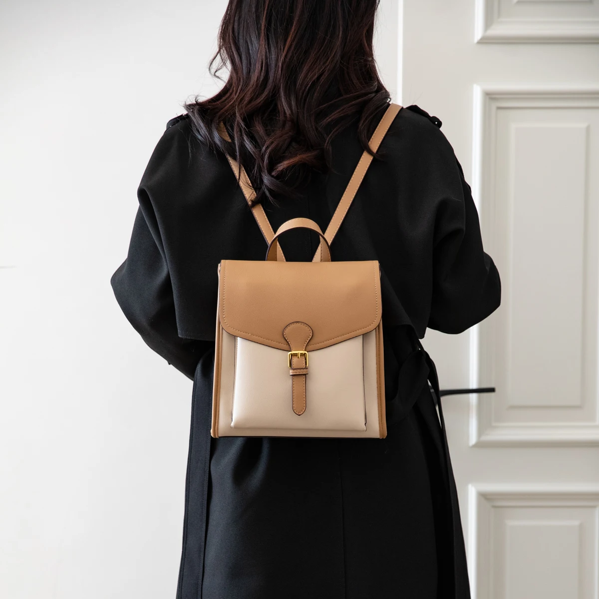 Women's Stylish Two - tone Leather Backpack with Gold tone Buckle Detail Ideal for Daily and Fashionable Looks - 3