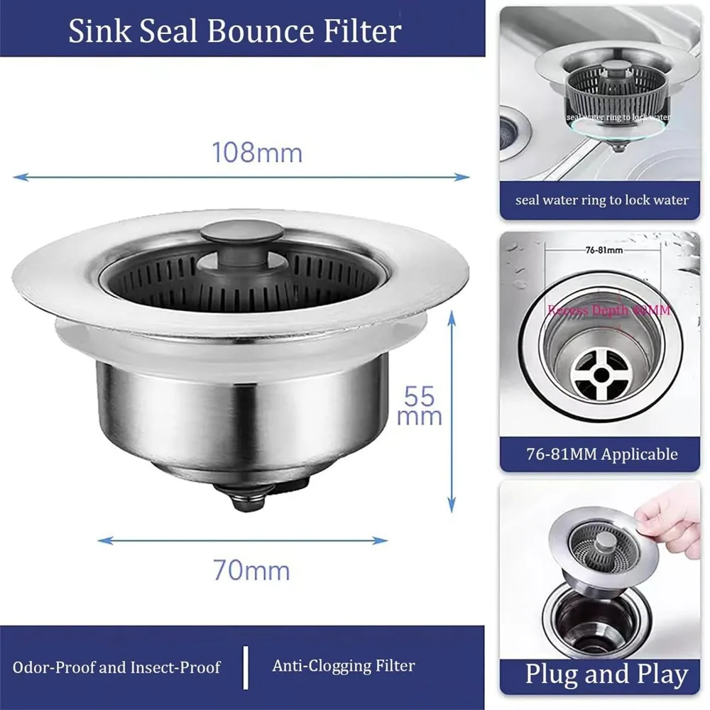 3 in 1 Filter Sink Bouncing Core Stopping Blockage Sink Strainer Kitchen Tool Leak-proof Plug Drain Basket