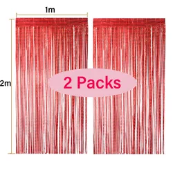 Sparkling Silver & Rose Gold Foil Fringe Curtains - 2 Pack for Celebratory Backdrops (Red)