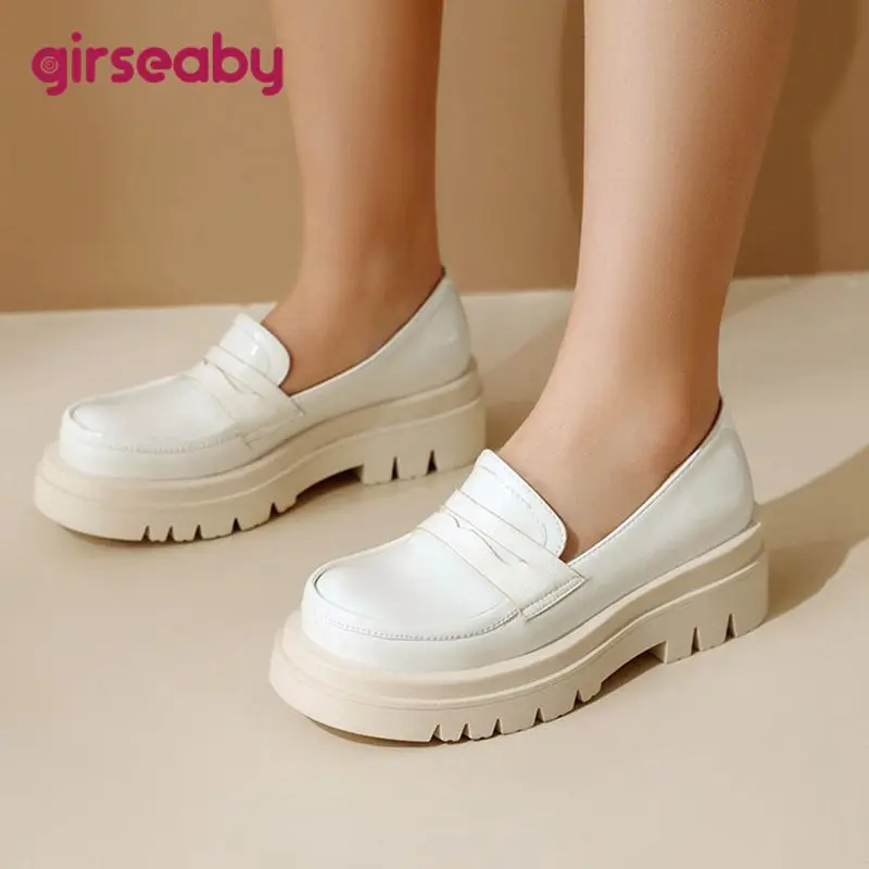 

Girseaby Brand Pumps for Women Round Toe Thick Heels 5cm Platform 3cm Slip On Loafers Big Size 42 43 Leisure Daily Female Shoes