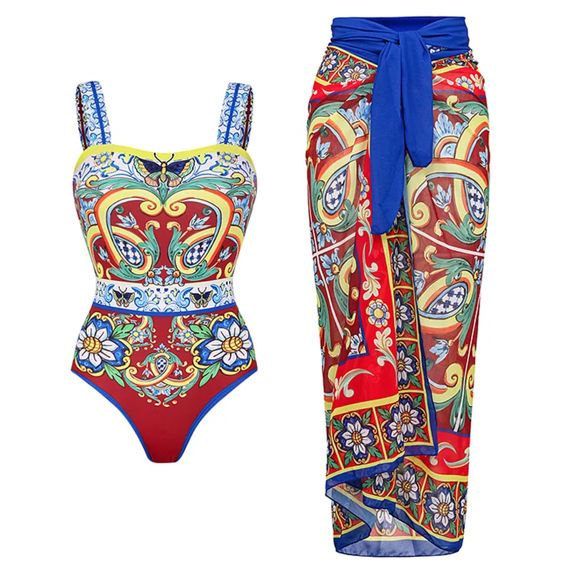 FLAXMAKER Printed One Piece Swimsuit and Skirt Women Swimwear Push Up Bathing Suit Monokini