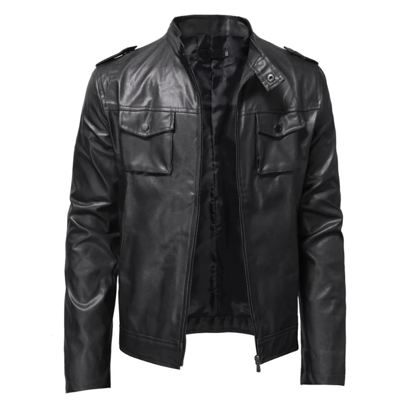 

Men's 2023 New Leather Jacket with Stand Neck and Textured Zipper Button Pocket for Advanced Business and Leisure