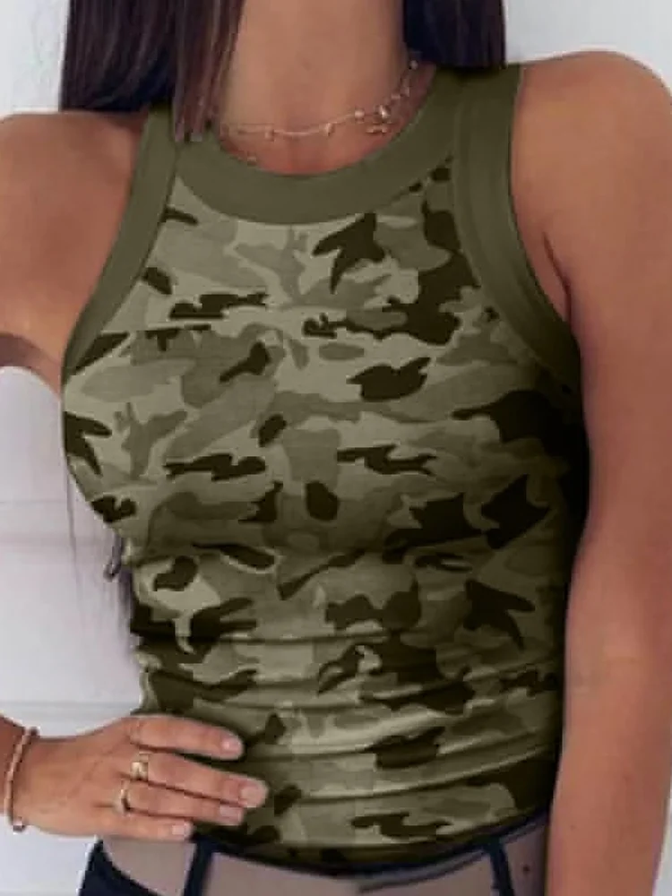Women Casual Camo Round Neck Ribbed Tank Top Summer Basic Elastic Camisole  Sexy Sleeveless Crew Neck Vest Women's Clothing