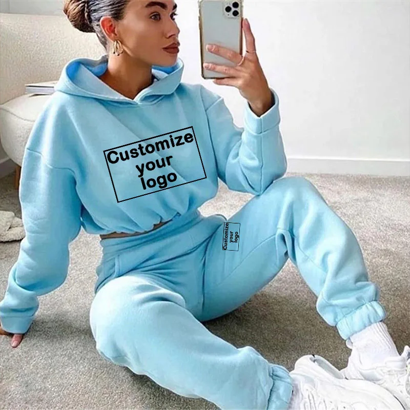 Customized women's sportswear with your logo a two-piece set of hoodies and pants casual hooded and sexy open navel sportswear