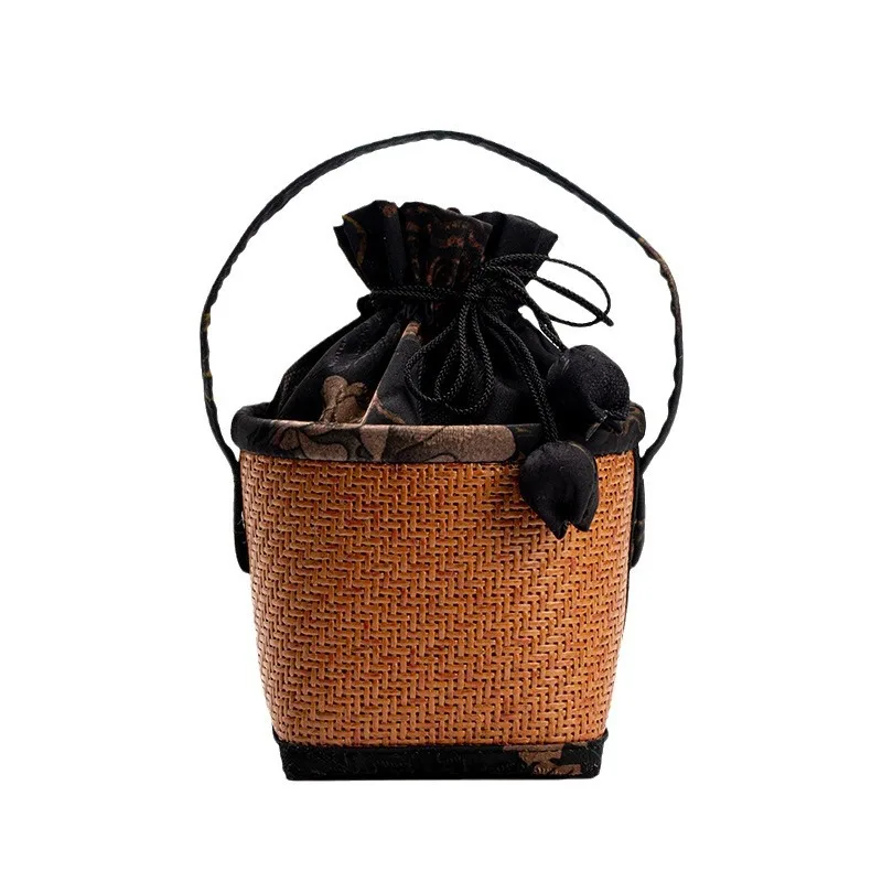 Rattan Pattern Small Bag,Travel, Outdoor Cover Bowl, Portable Organizer, Owner's Cup Teapot Bag, Spliced Drawstring Pocket 6