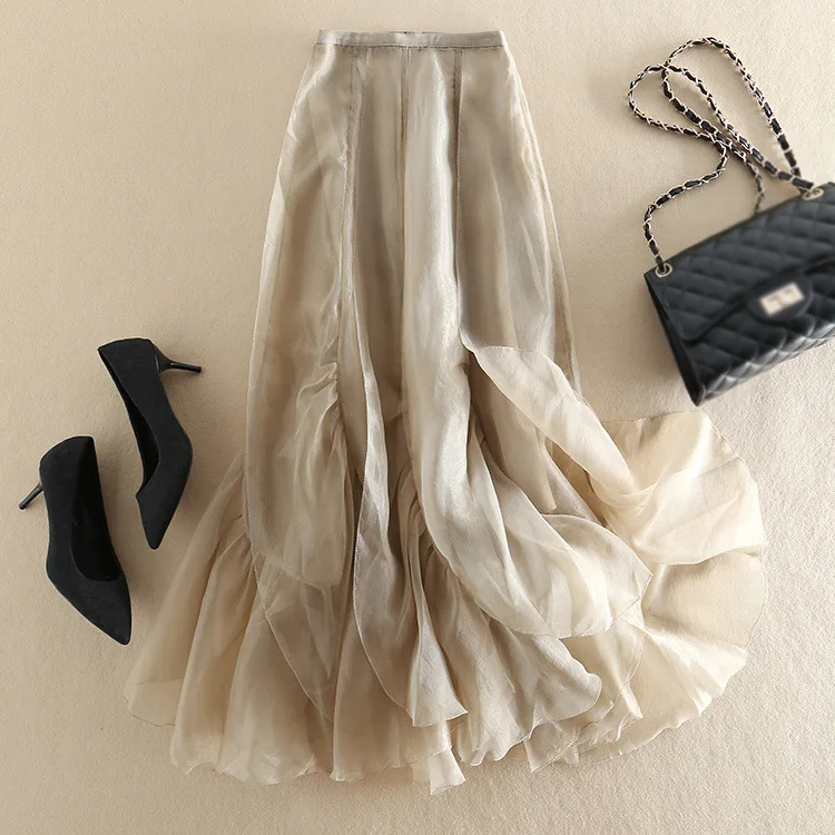 

Lotus Leaf Skirt High Waisted Irregular Mid Length Fluffy Gauze Skirt Summer New Style