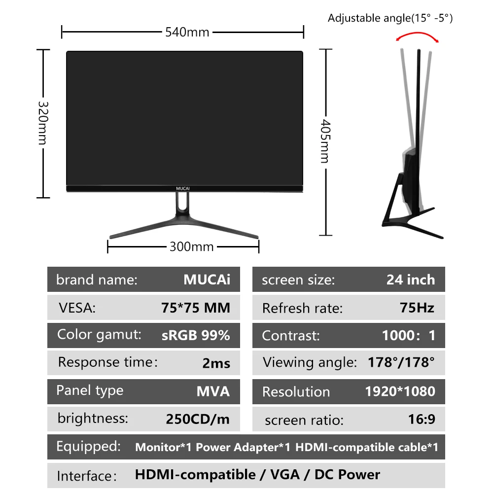 MUCAI ӿ   24 ġ  22 ġ  IPS 75Hz  1920x1080  16 9 FreeSync HDMI ÷ Ʈ  繫 ǻ PC Ʈ PS5