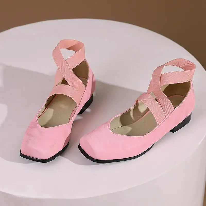 Girseaby Brand Ladies Flats Square Toe Low Heels 3cm Ankle shoes Strap Solid Concise Female Ballet Shoes Big Size 46 47 48 5