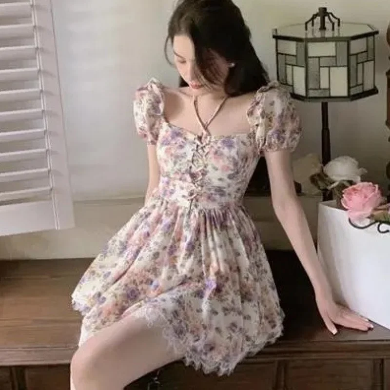 

FLASH DEALS 478 Dress for woman French Puff Sleeve Dress Floral Short-Sleeved Square Neck One-Shoulder Dress