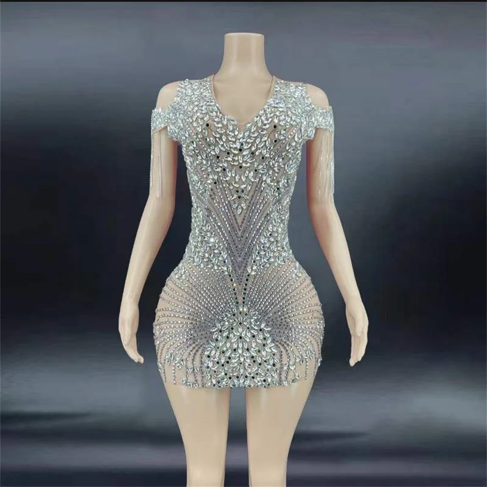 

Shining Crystal Rhinestones Sexy Pink Swan Back Dress For Women Evening Party Clothing Stage Singer Costumes Birthday Wears