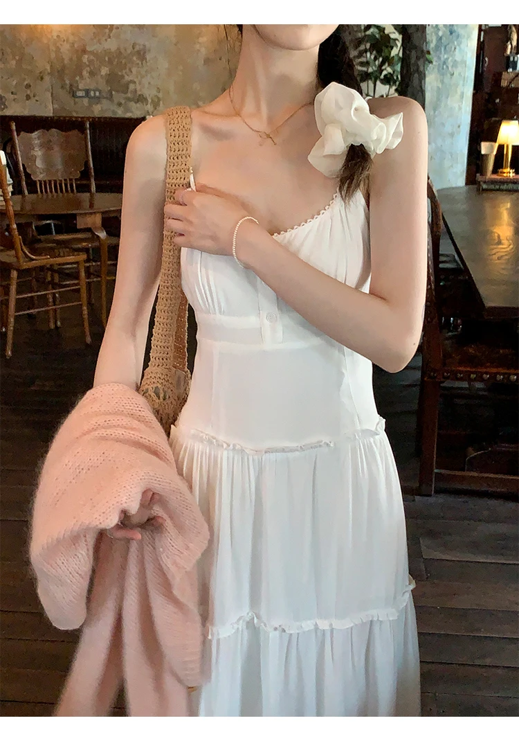 French Elegant Dresses for Women Solid Spaghetti Strap Summer New Ruffles A-line Casual Korean Chic Midi Vestidos Mujer