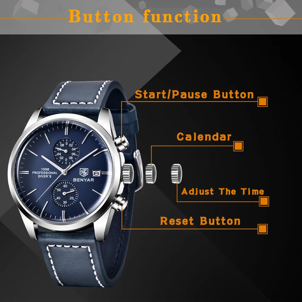 2022 New BENYAR Leather Men Quartz Wristwatches Luxury Brand 100M Waterproof Men Watch Military Sports Chronograph Watch for Men