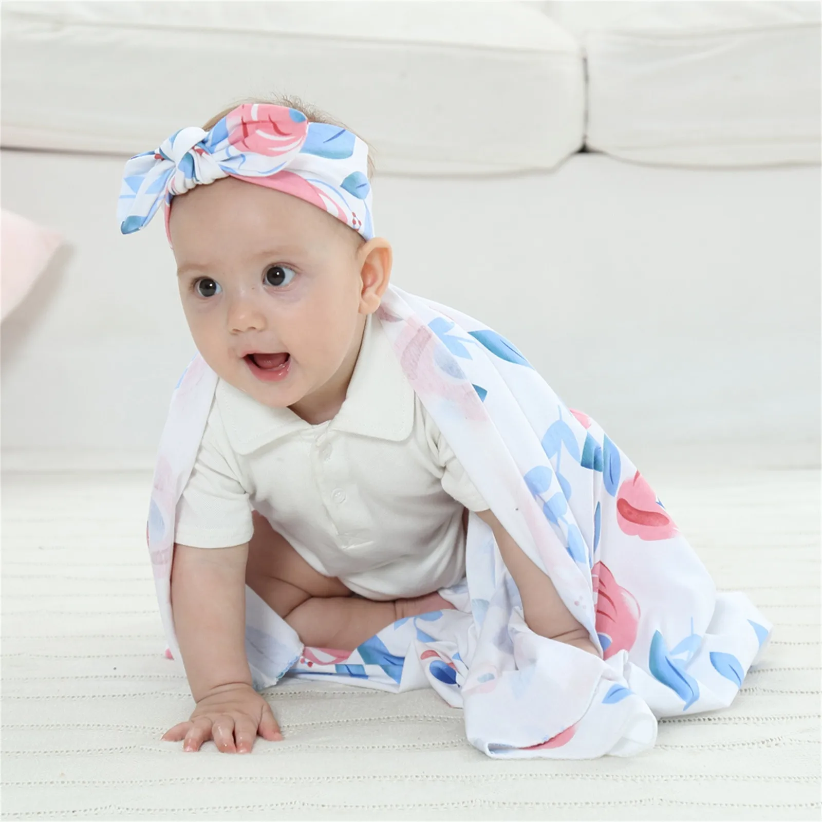 Infant Baby Swaddle Blanket Hat Set For Boy Girl With Floral Newborn Swaddle Receiving Blanket Headband Baby Bows 6-12 Months
