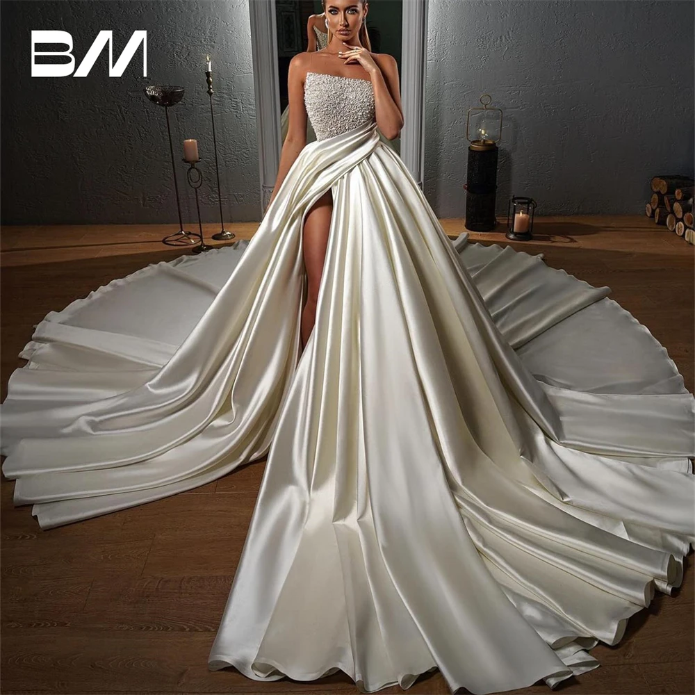 

Elegant Pearls Satin Ballgown Wedding Dresses Sheer Neck Side Slit Large Train Bride Dress Sleeveless Luxury Women Bridal Gown