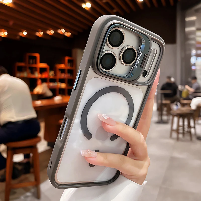 Luxury Matte Translucent Armor Shockproof Magsafe Bracket Case with Wireless Charging Capability