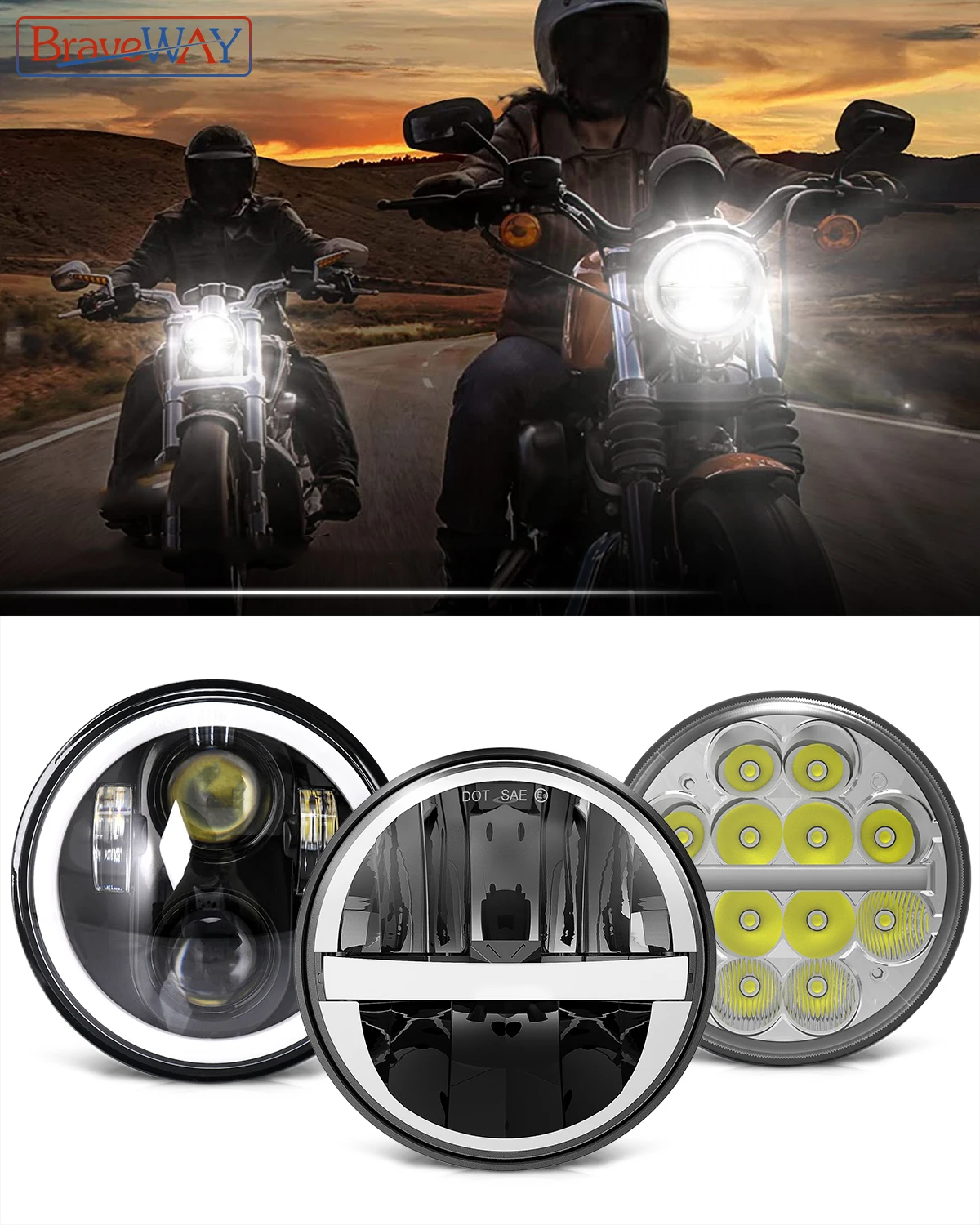 Led-koplamp voor motorfiets, rond, 4 modi, DRL, wit, knipperlicht, barnsteen, integratie, schijnwerper, compatibel met Harley Touring Road King Ultra Classic Electra Street Glide Tri Cvo Heritage Softail