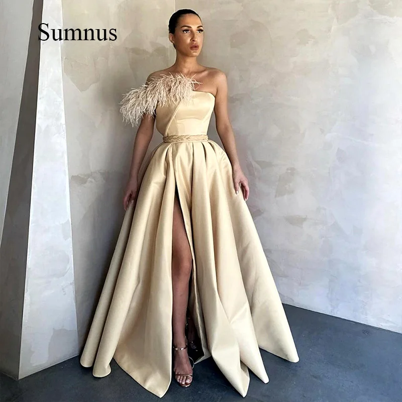 

Sumnus Sexy Satin Prom Dresses High Side Split Evening Gowns Pockets Feather Formal Women Dress Evening Party Dress 2024