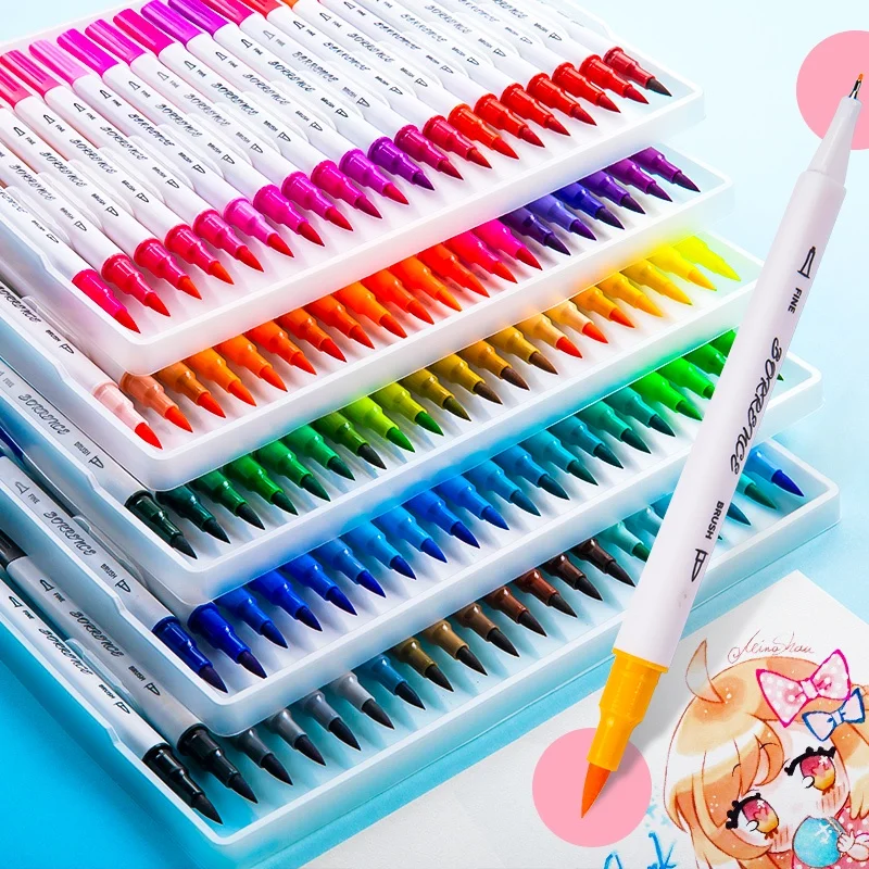 12-100 Colores Markers Brush Pens Set Painting Drawing Manga Highlighter school Art supplies For Artist Korean Stationery paint brush holder canvas roll up pencil pen holder artist draw pen storage bag 12 slots canvas pouch for school stationery students watercolor oil brushes use