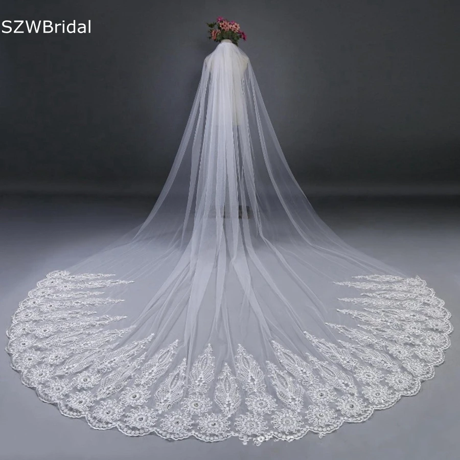 

New Arrival White Ivory Cathedral Wedding Veils Lace Beaded Bride wedding accessories boda Bridal Veils velos de novia Mariage