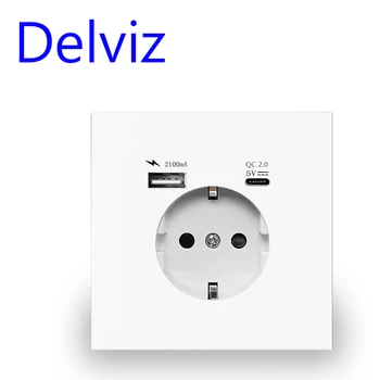 Delviz ปลั๊กไฟมาตรฐาน EU, AC 110V-250V, ไม่มีโลโก้, ปลั๊กไฟฟ้าแบบฝังผนัง 16A, ซ็อกเก็ต USB ผนังชาร์จ Type C 1