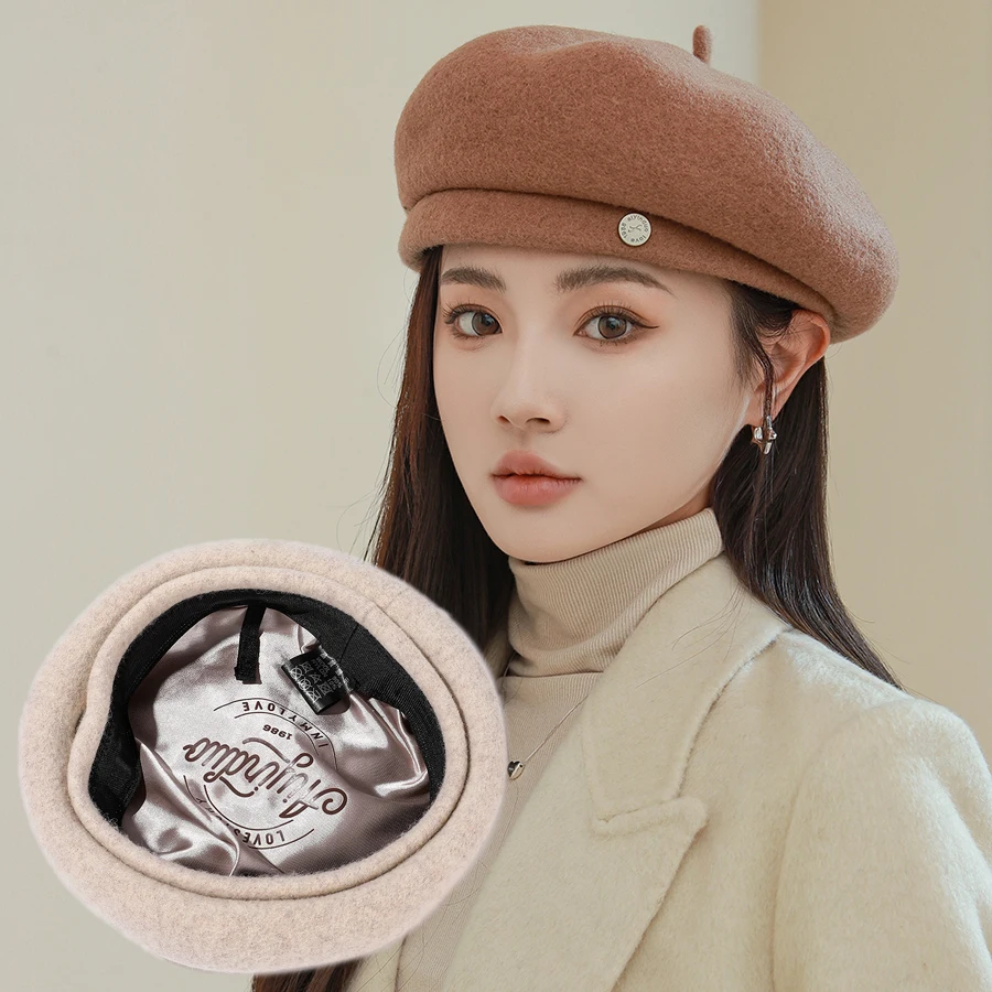 

Luxury Satin Lined Wool Berets for Women Autumn Winter Retro French Artist Beanie Cap Solid Color All Math Cashmere Painter Hats
