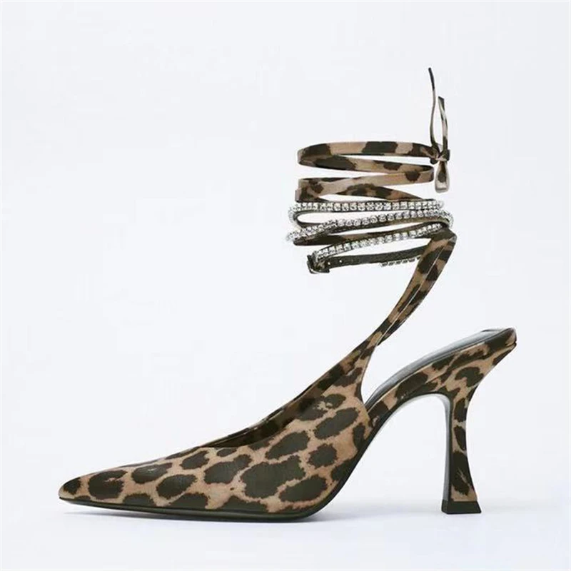 

Мюли женские с леопардовым принтом, туфли-лодочки на шнуровке, заостренный носок, сандалии на тонком каблуке-шпильке, с ремешками, весенняя обувь