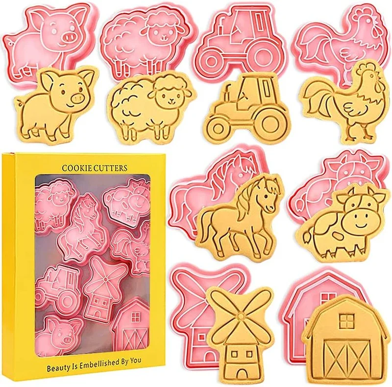 8pcs Farm Animal Cookie Cutters Stamp 3D Cartoon Horse Pig Sheep Cow