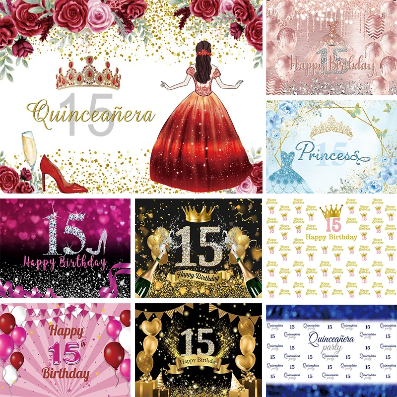 

15th Birthday Backdrop for Boy Girl 15 Quinceanera Decorations Party Crown Red Fifteen Years Old Photo Background Banner Props