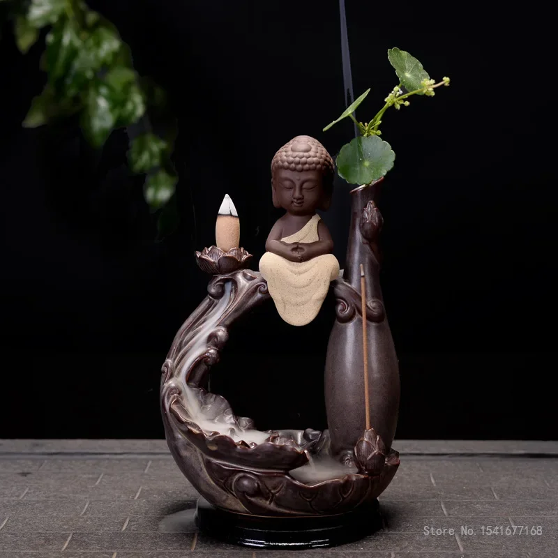 Ceramic Backflow Incense Burner, Three Holy Vase, Lotus Leaf Ornament, Home Decoration Accessories Purple sand censer, 1Pc