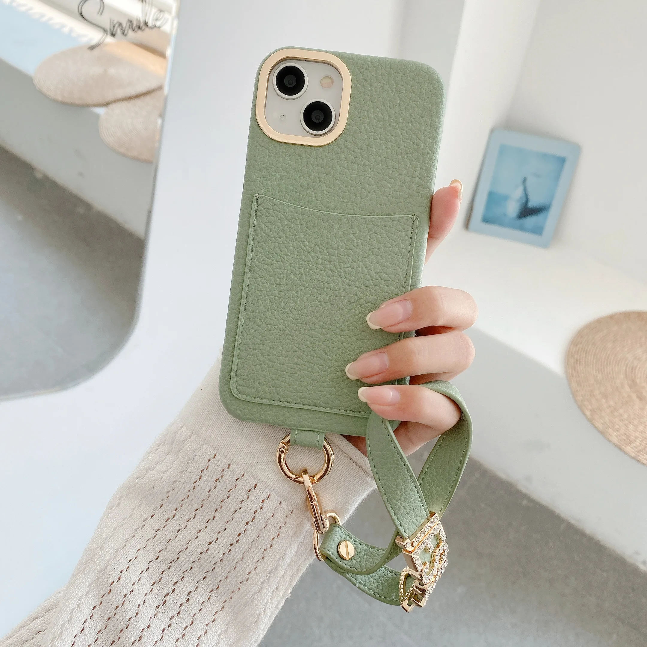 

Feminine Pebble Leather Custom Name Card Holder Phone Case Protective Lanyard Bracelet Cover iPhone 12 13 14 15Pro Max