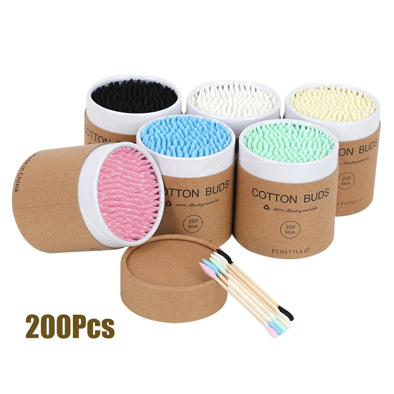 200Pcs Bamboo Cotton Swabs Wooden Sticks Organic Cotton Buds Round Tips Double Heads Baby Ear Sticks Cleaning Ears
