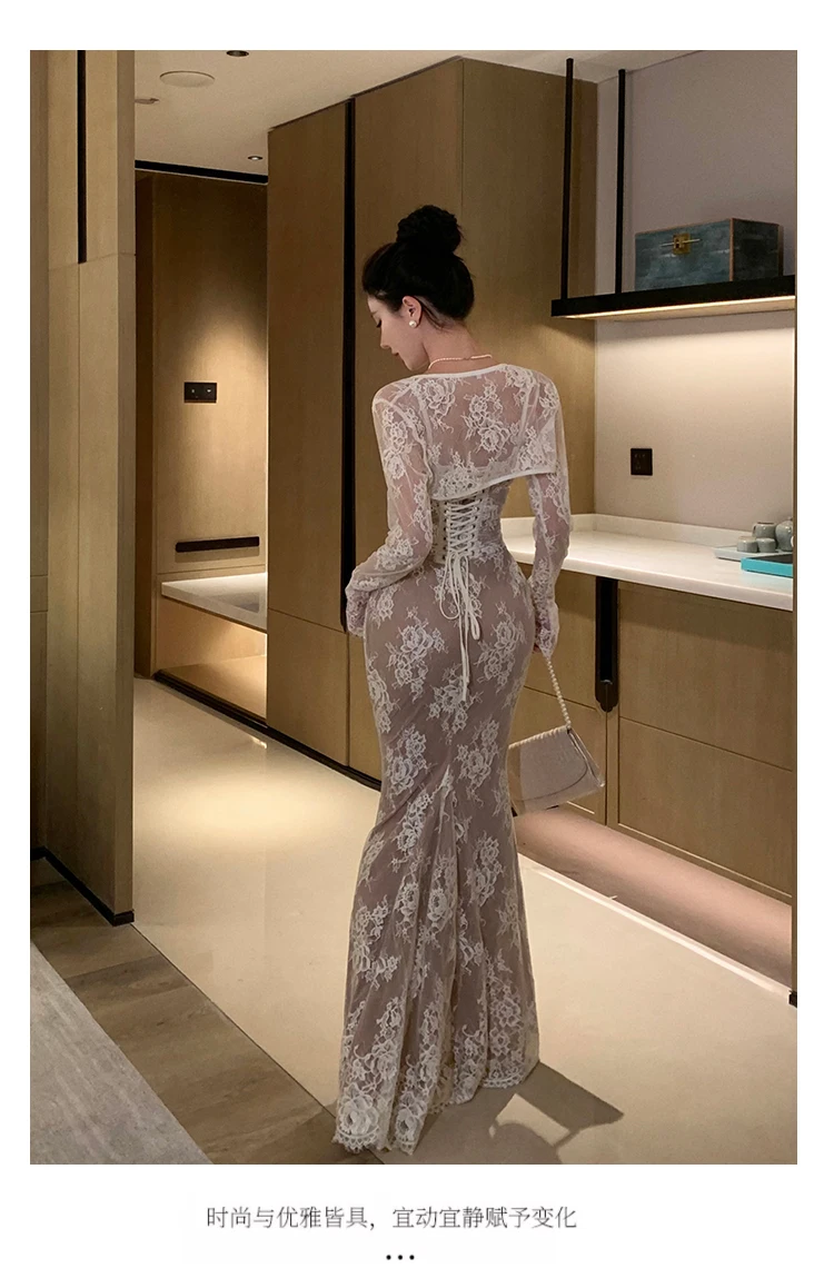 Sexy Bodycon Lace Long Dresses for Women Wedding Party Dress Spaghetti Strap with Smock French Vintage Evening Maxi Vestidos New