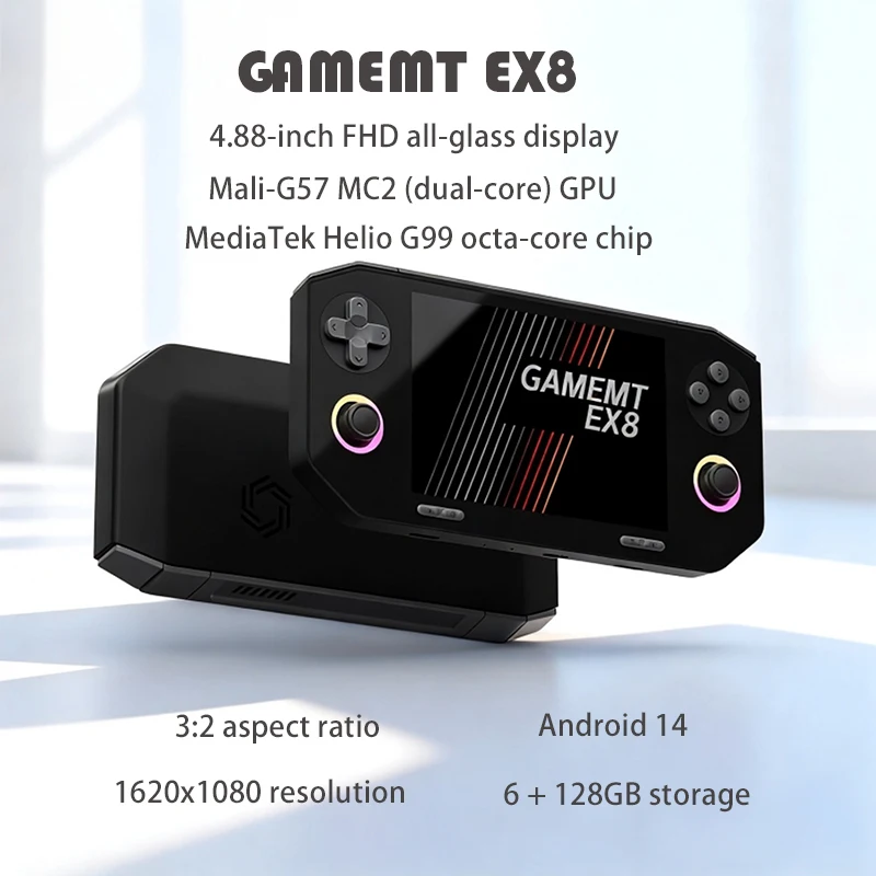 NEW 게임MT EX8 4.88인치 HD 1620x1080 화면 안드로이드14 미디어텍 Helio G99 옥타코어 레트로 휴대용 게임 콘솔 6축 자이로스코프