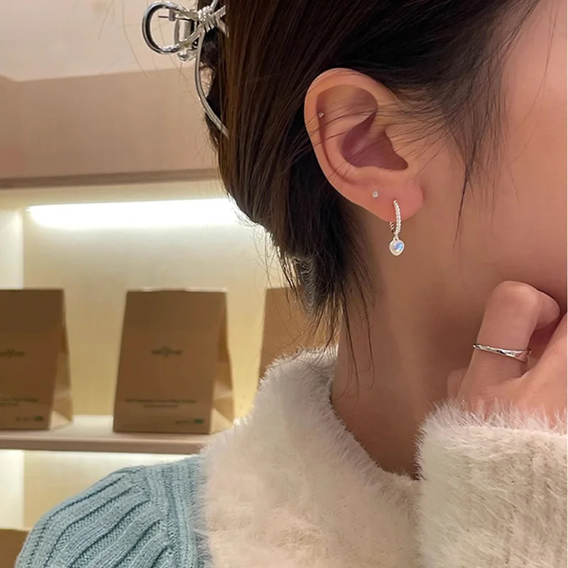 PONYKISS 실버 컬러 문 스톤 하트 펜던트 후프 귀걸이 여성용 파티 클래식 패션 쥬얼리 미니멀리스트 액세서리