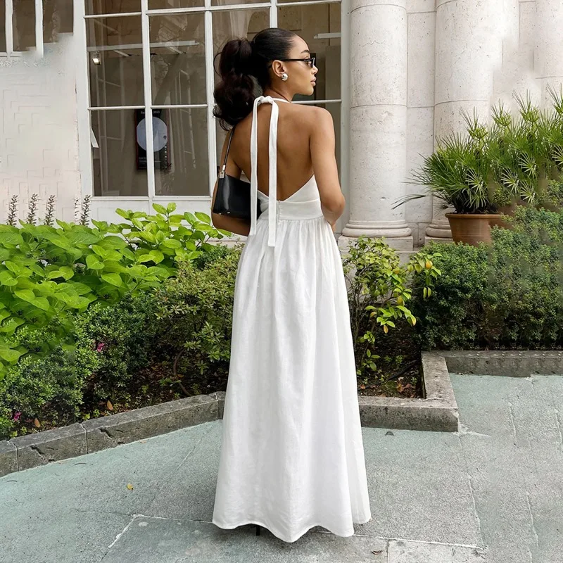 Talenza Spring V-Neck Long Dress Women White High Waist Slim Backless  Lace-up Beach Holiday Dress Sleeveless Casual Female Dress - AliExpress  200000345