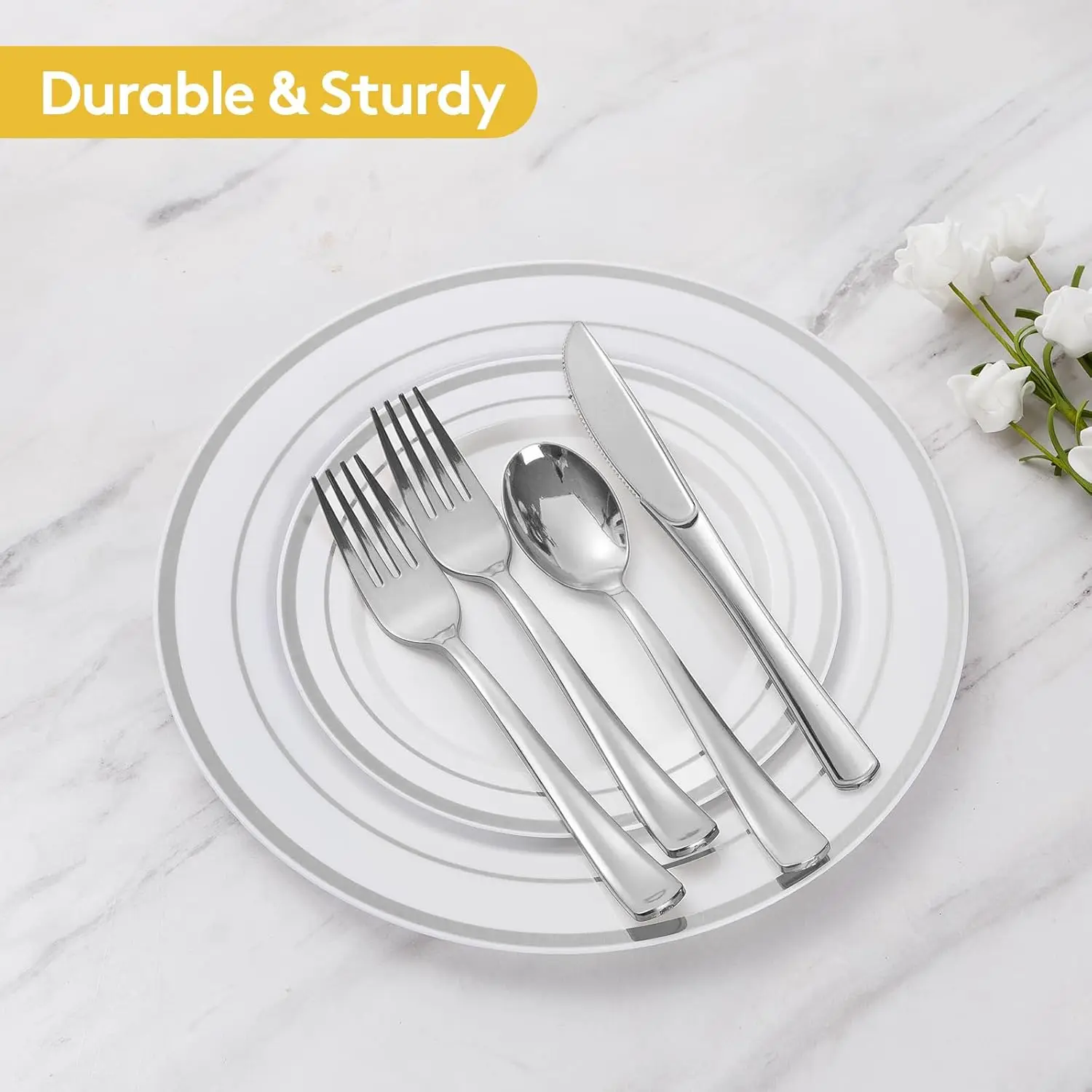 600 Piece Disposable Silver Plates for 100 Guests Plastic Dinnerware Set of 100 Dinner Plates Salad